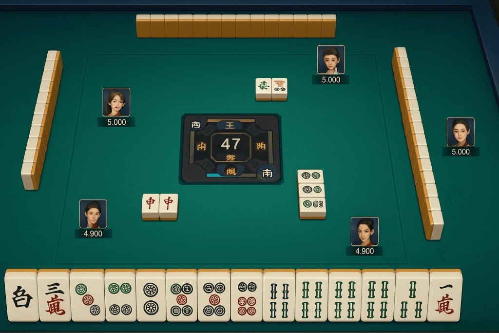 線上麻將遊戲畫面，四位玩家正在對戰，展示香港麻將規則、積分與出牌情況，Gameone 棋牌平台防作弊機制下的真實對局體驗